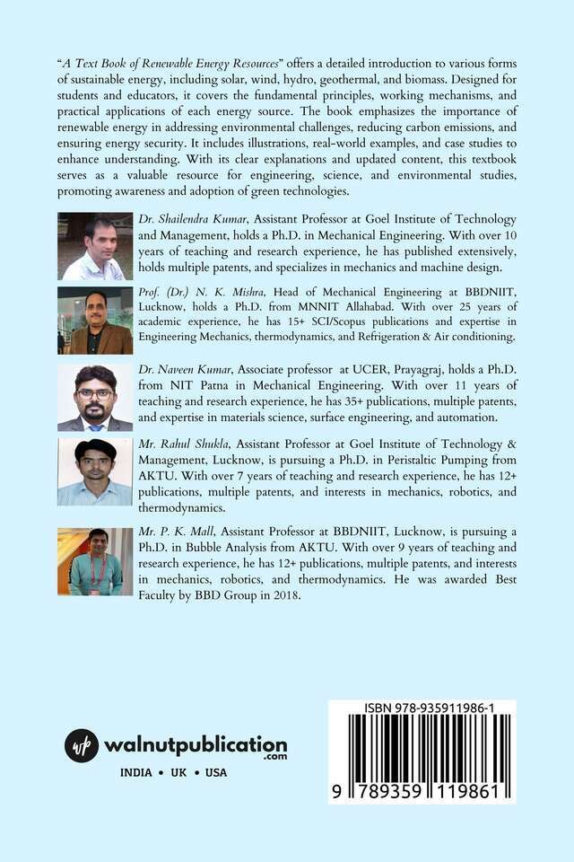 A Text Book of Renewable Energy Resources back cover view