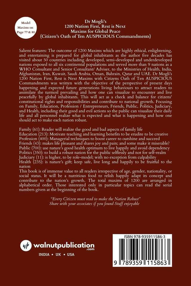 Dr Mogli’s 1200 Nation First, Rest is Next Maxims for Global Peace (Citizen’s Oath of Ten AUSPICIOUS Commandments) back cover view