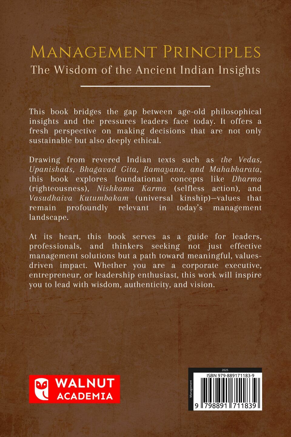 Management Principles: The Wisdom of the Ancient Indian Insights back cover view