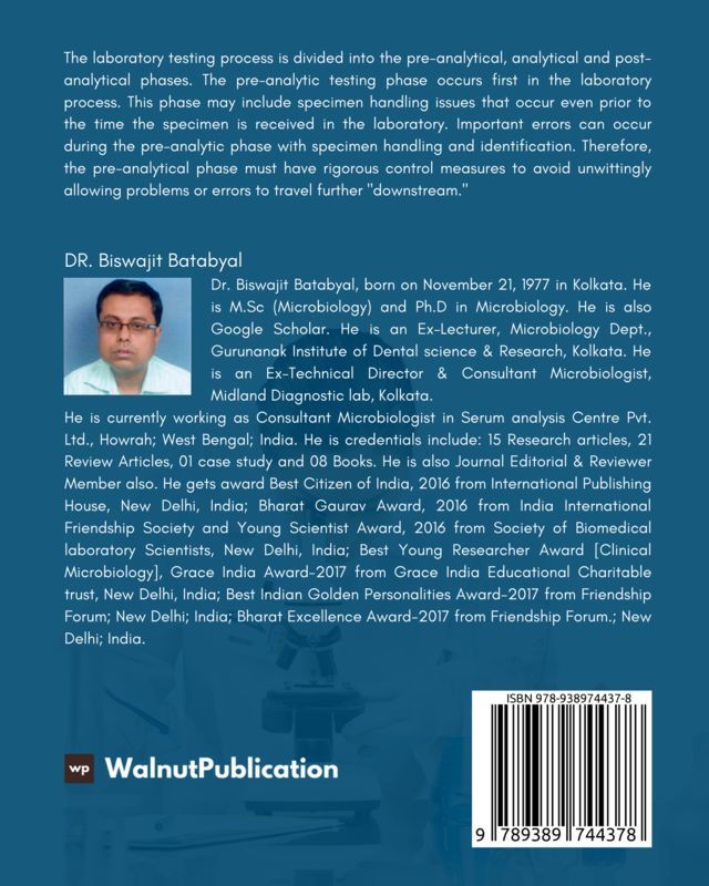 A Book of Pre-analytical, Analytical and Post-analytical Phases of Laboratory Testing for DMLT Students back cover view