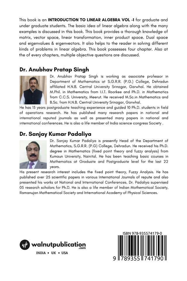 Introduction of Linear Algebra Vol-1 back cover view