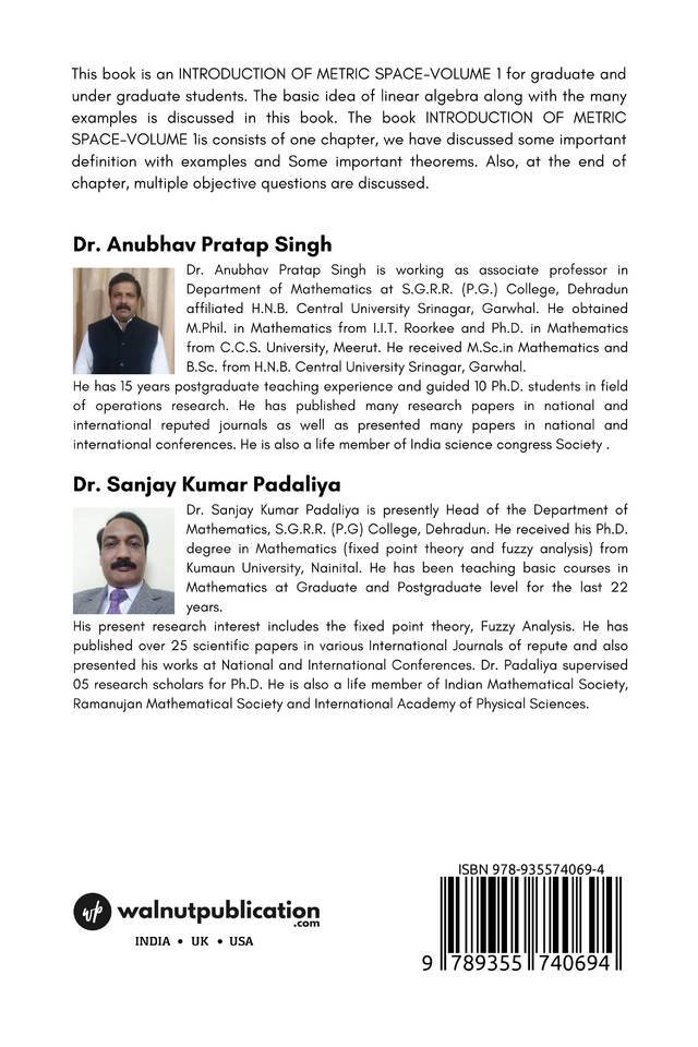 Introduction of Metric Spaces - Volume 1 back cover view