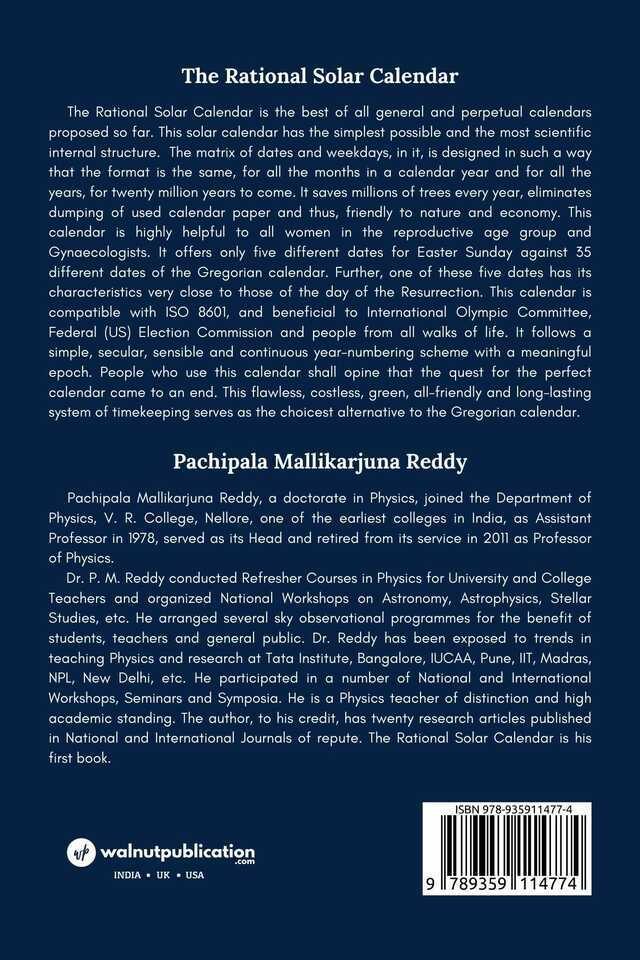 The Rational Solar Calendar: A Flawless Costless Green and Long-lasting System of Timekeeping & The Best Alternative to the Gregorian Calendar back cover view